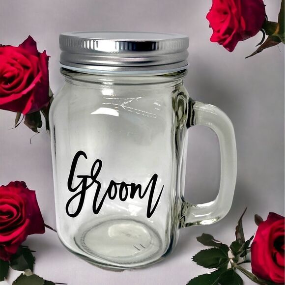 COPY - NWT Wool + Pepper Co. GROOM Glass Mason Jar Cup with Handle - Picture 1 of 3